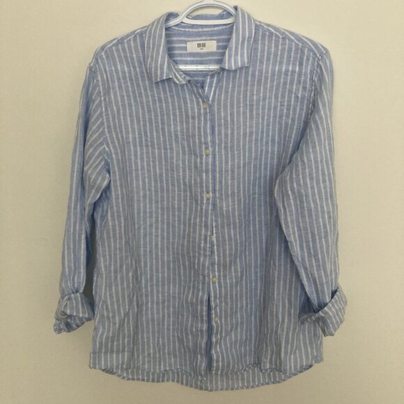 Uniqlo Women’s Linen Shirt Button Up Blue Striped Size L - Picture 1 of 5